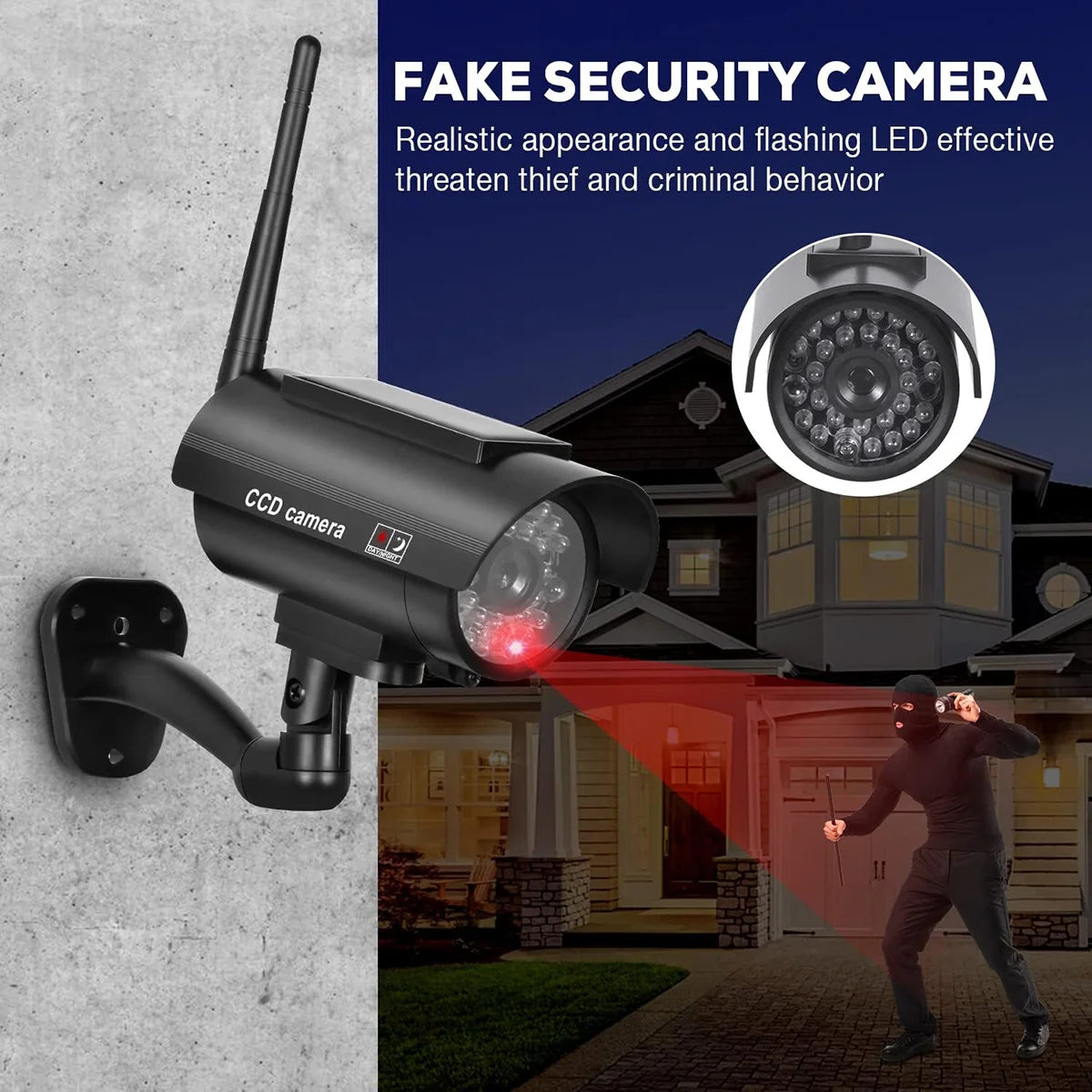 Solar Powered Fake Security Camera, Bullet Dummy Security Camera Simulated Surveillance System with Red Flashing Light