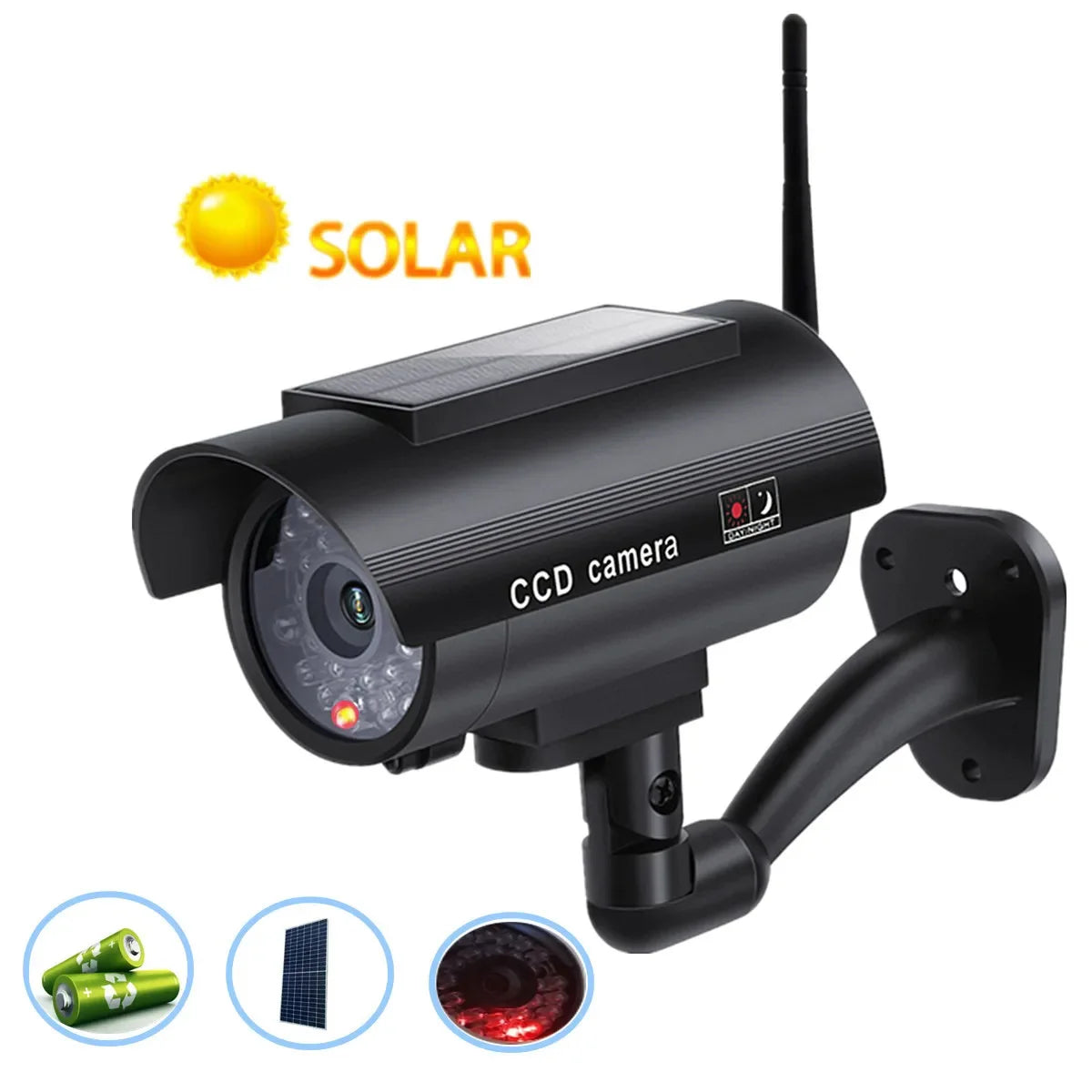 Solar Powered Fake Security Camera, Bullet Dummy Security Camera Simulated Surveillance System with Red Flashing Light